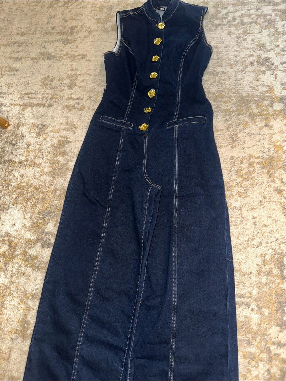 Fashion Nova Navy Sleeveless Denim Jumpsuit with Gold Buttons - Picture 4 of 7